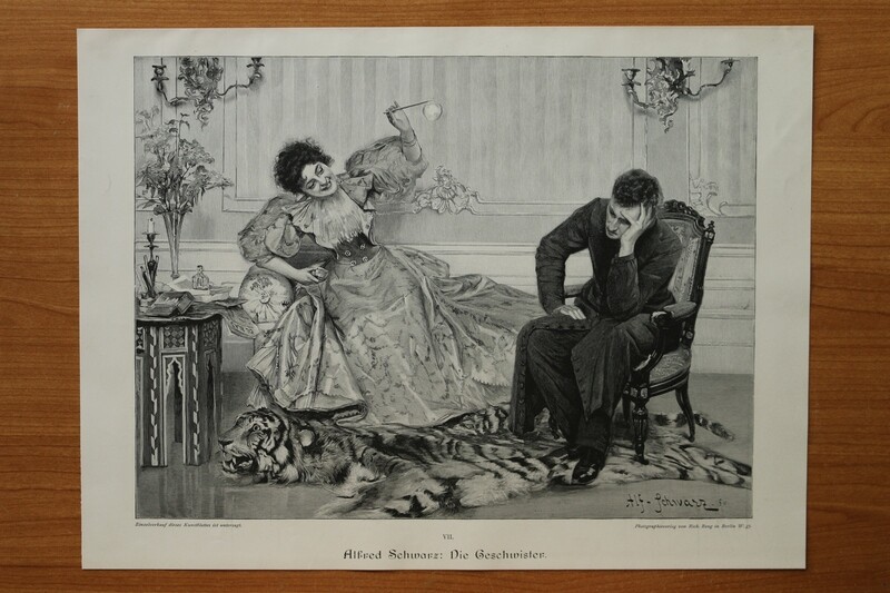 Holzstich nach Alfred Schwarz 1890-1910 Die Geschwister Mann Frau Kleidung Mode necken 36,5 x 27 cm