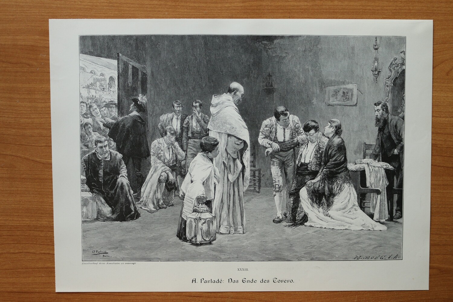 Holzstich nach A Parladé Sevilla 1890-1910 Das Ende des Torero Spanien Stierkampf Tod 37 x 26,5 cm