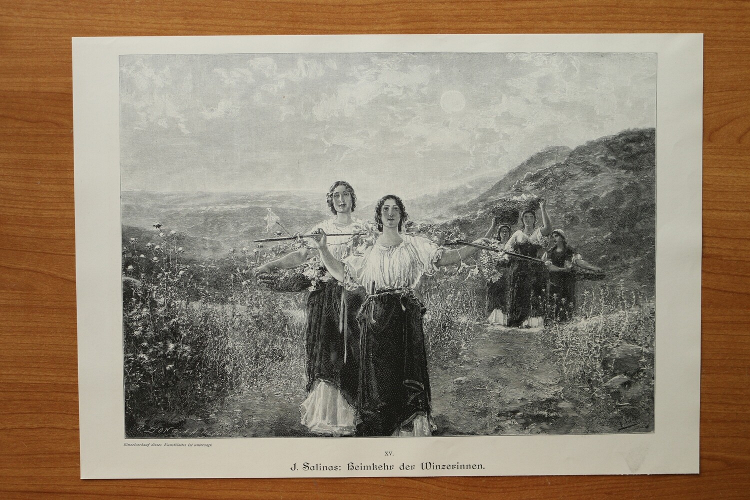 Holzstich nach J Salinas 1890-1910 Heimkehr der Winzerinnen Frauen Wein Weinlese 37,5 x 26,5 cm