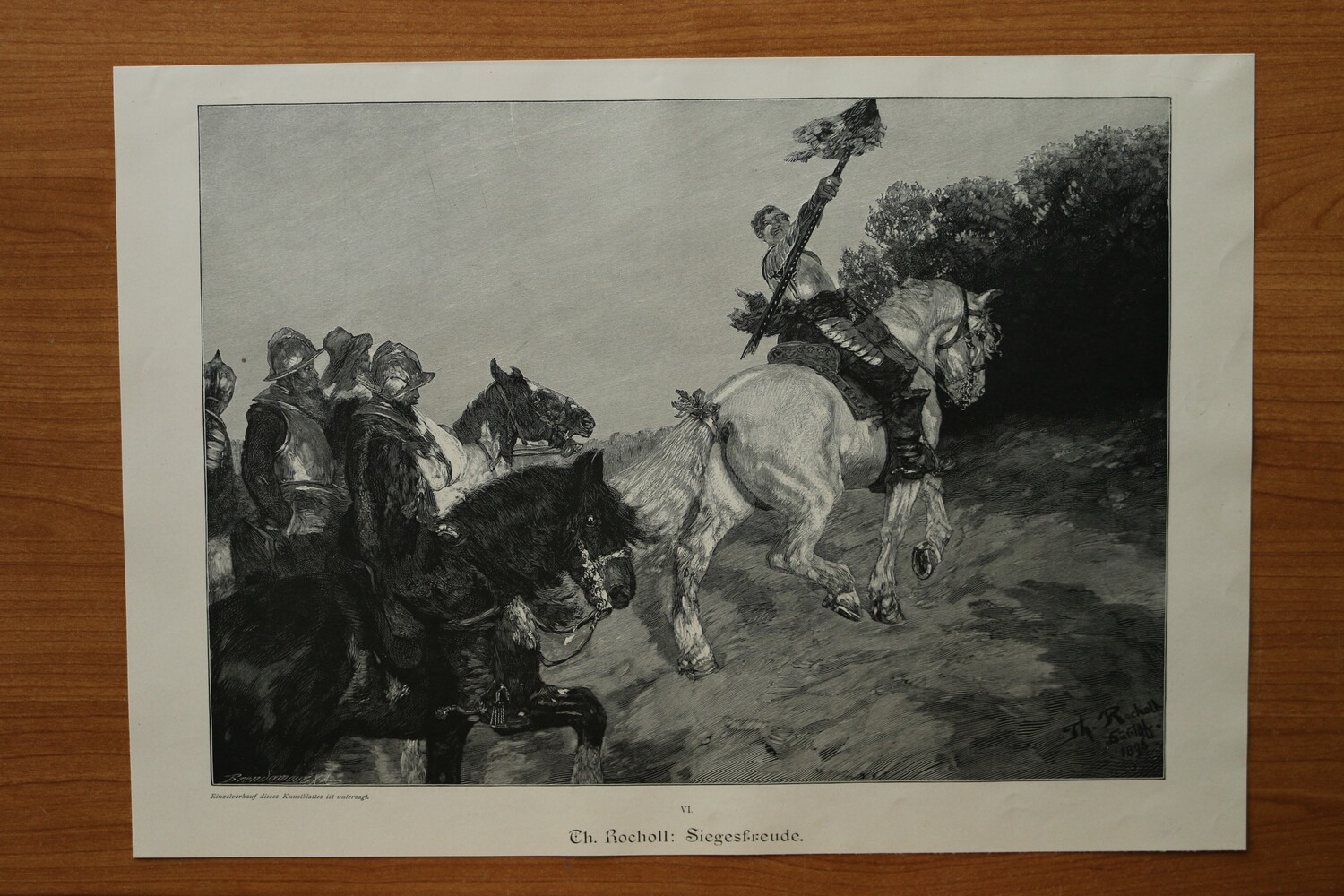 Holzstich nach Th Rocholl Düsseldorf 1890-1910 Siegesfreude Landsknechte Pferde Rüstung 37,5 x 26 cm