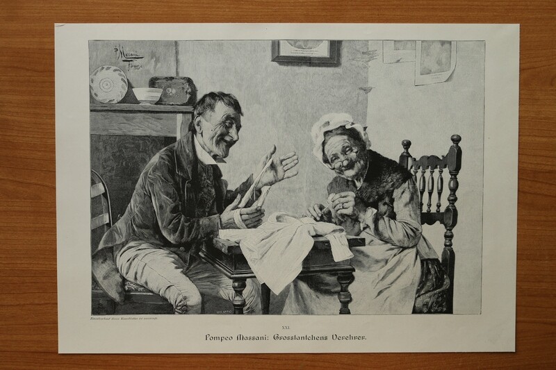 Holzstich nach Pompeo Massani Firenze 1890-1910 Grosstantchens Verehrer Oma Opa Kleidung 36,5 x 26 cm