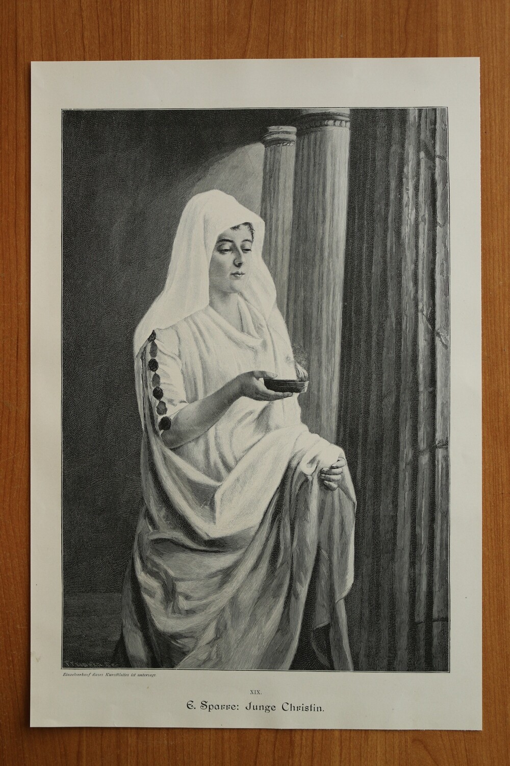 Holzstich nach E Sparre 1890-1910 Junge Christin Religion Antike Kleidung 25,5 x 38 cm