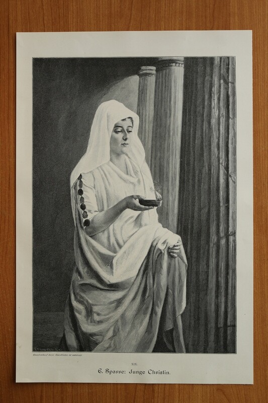 Holzstich nach E Sparre 1890-1910 Junge Christin Religion Antike Kleidung 25,5 x 38 cm