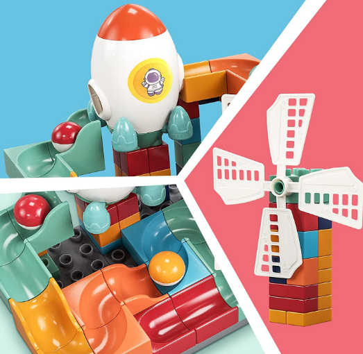burgkidz Rocket Building Toy Set: 71 Pieces Big Size Blocks Accessories with Windmill & Marble Run, Cool Space Adventure Creative Learning Playset for Boys and Girls 3 4 5 6 Year Old