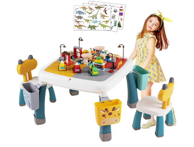 BRINJOY Kids Activity Table Set with 1 Chair 66 PCS Stickers, 100 PCS Large Building Blocks Table Toddler Multi Play Table with 4 Storage Boxes, All in 1 Water Sand Table Indoor Outdoor (1 Chair)