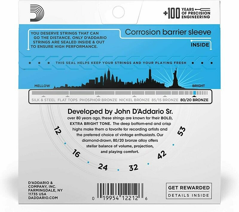 D'Addario EJ11 80/20 Bronze Acoustic Steel String Guitar Strings, Light, 12-53