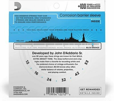 D'Addario EJ11 80/20 Bronze Acoustic Steel String Guitar Strings, Light, 12-53
