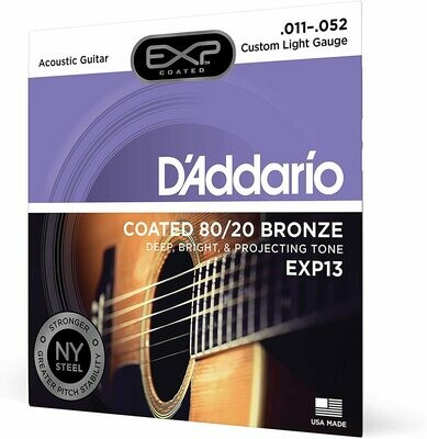 D'Addario EXP13 - Bronze Acoustic Steel String Guitar Strings, Coated, Custom Light, 11-52, 80/20