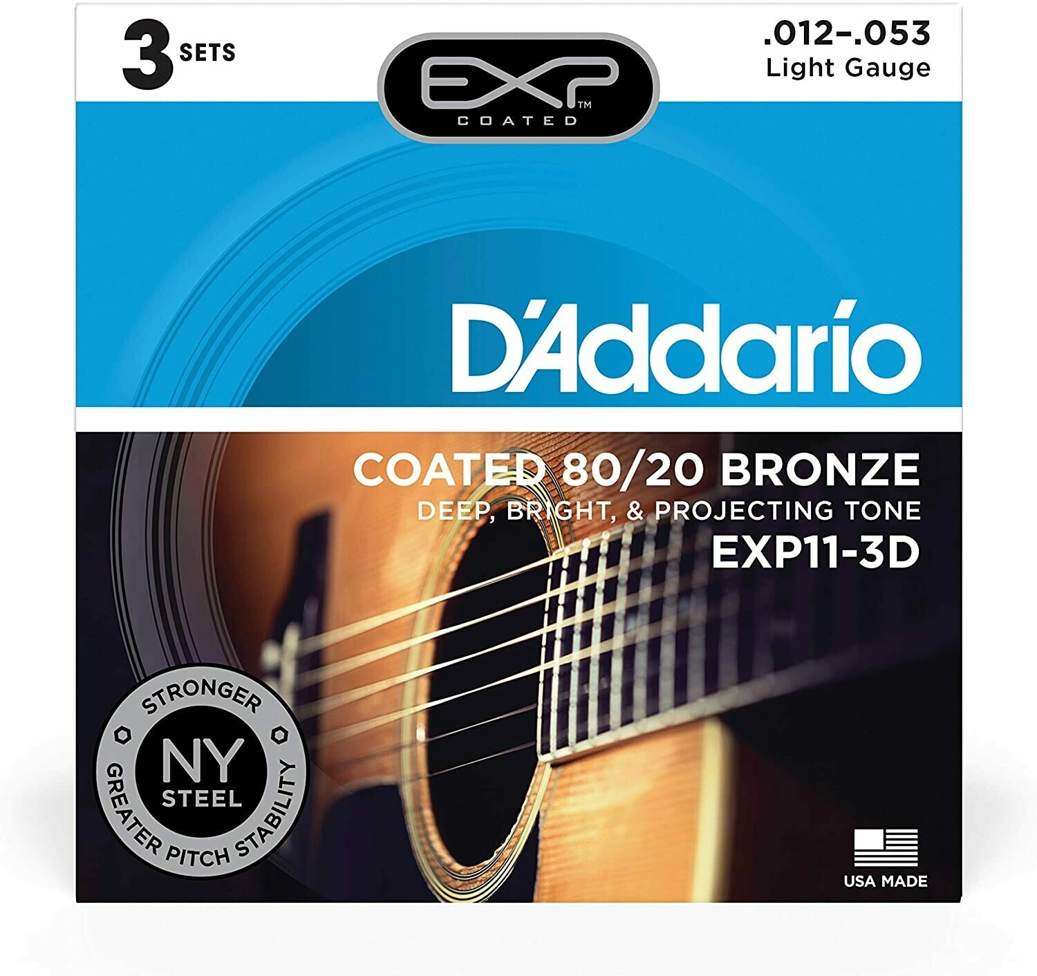 D'Addario EXP11-3D Coated Acoustic Steel String Guitar Strings, 80/20, Light, 12-53, 3 Sets
