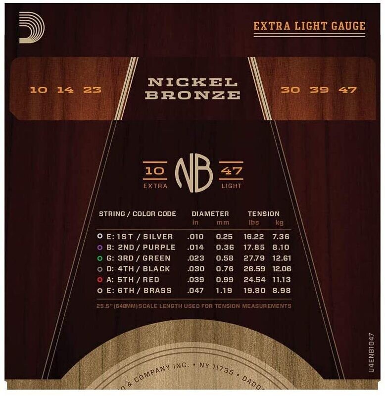 D'Addario NB1047, Nickel Bronze Acoustic Guitar Strings, Extra Light, 10-47