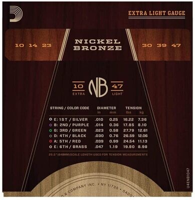 D'Addario NB1047, Nickel Bronze Acoustic Guitar Strings, Extra Light, 10-47