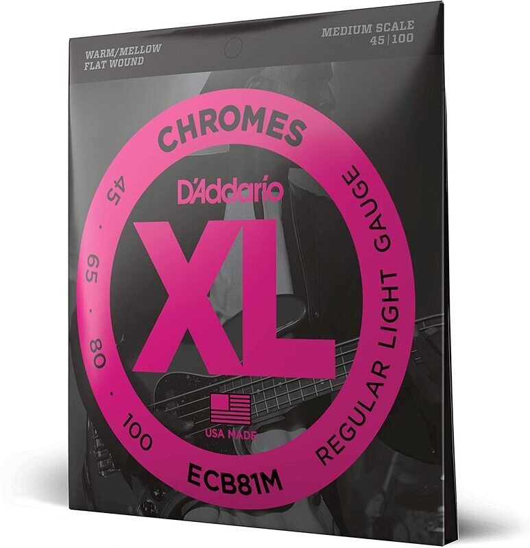 D'Addario ECB81M Chromes Flatwound Bass Guitar Strings, Light, 45-100, Medium Scale