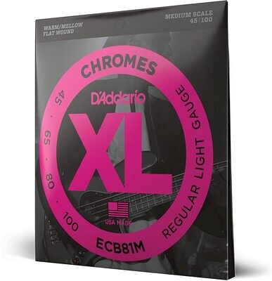D'Addario ECB81M Chromes Flatwound Bass Guitar Strings, Light, 45-100, Medium Scale