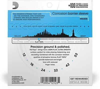 D'Addario Acoustic Guitar Strings - Flat Tops Phosphor Bronze - For 6 String Guitar - Warm, Semi-Bright Tone - EFT16 - Light, 12-53