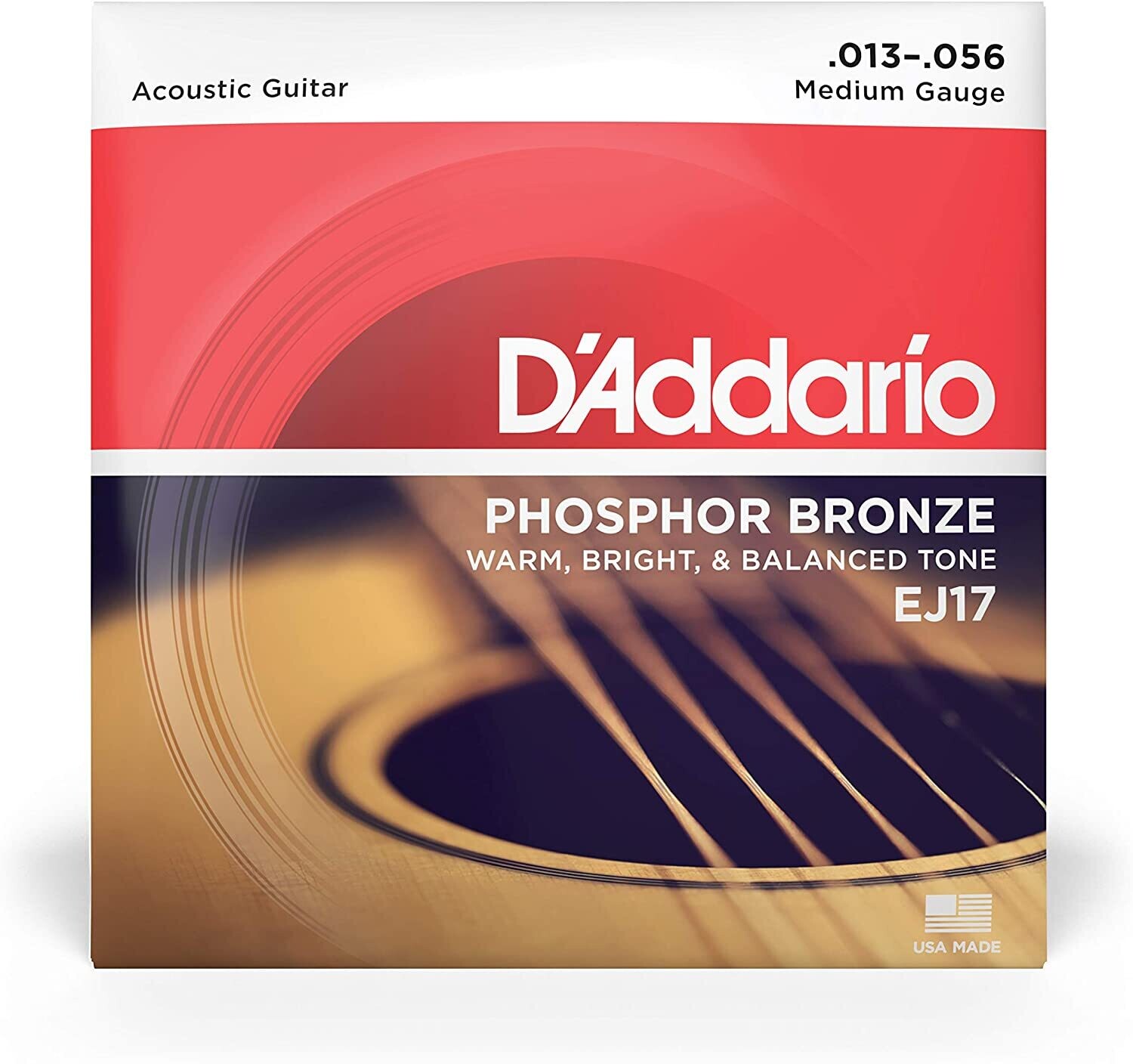 D'Addario Guitar Strings - Acoustic Guitar Strings - Phosphor Bronze - For 6 String Guitar - Warm, Bright, Balanced Tone - EJ17 - Medium, 13-56