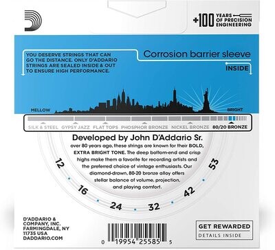 D'Addario EJ11-3D - 80/20 Bronze Acoustic Steel String Guitar Strings, Light, 12-53 - 3 Sets