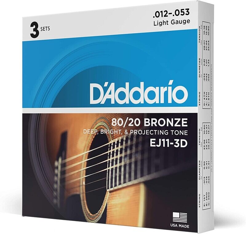 D'Addario EJ11-3D -  80/20 Bronze Acoustic Steel String Guitar Strings, Light, 12-53 - 3 Sets