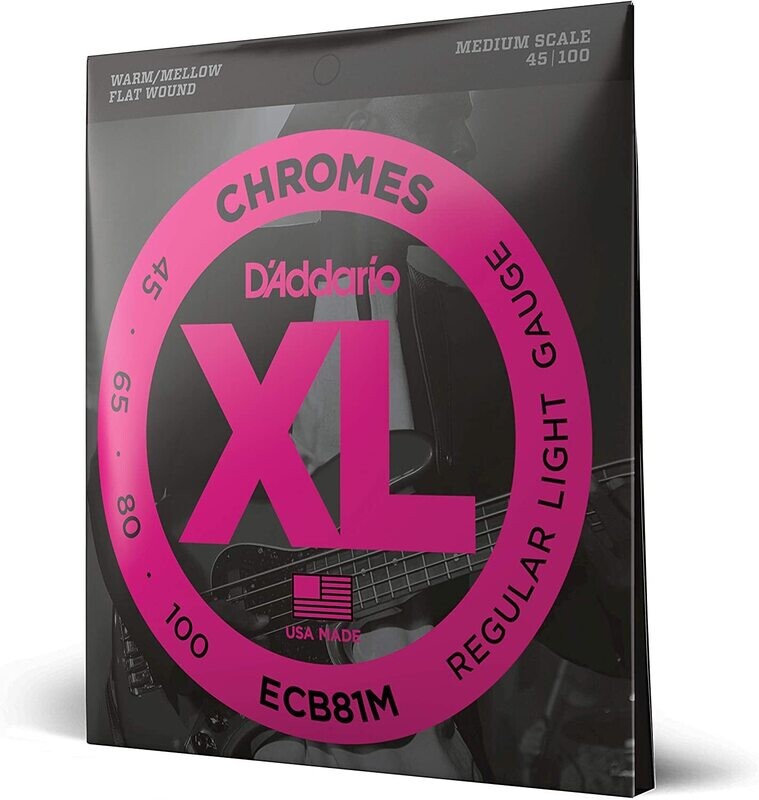 D'Addario XL Chromes Flat Wound Bass Guitar Strings - ECB81M - Medium Scale - Regular Light, 45-100