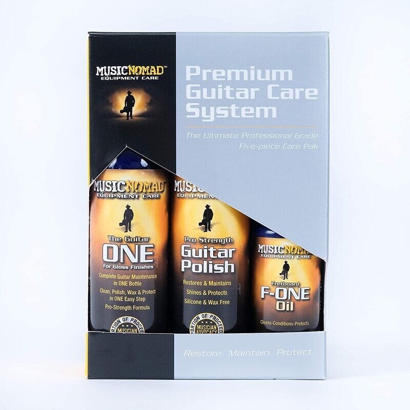 MusicNomad Premium Guitar Care System - Complete Cleaning & Care Kit: Cleaner, Polish, Fretboard Oil & 2 Cloths (MN108)