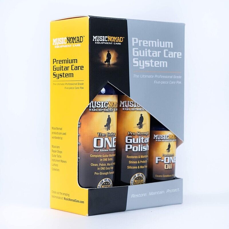 MusicNomad Premium Guitar Care System - Complete Cleaning & Care Kit: Cleaner, Polish, Fretboard Oil & 2 Cloths (MN108)