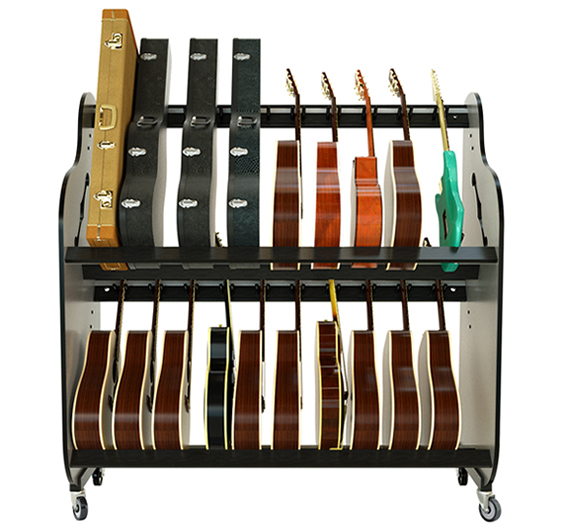 Classroom Double Stack Guitar Rack Stand with Wheels - Multi Guitar/Case Storage Rack - Model # BRDG