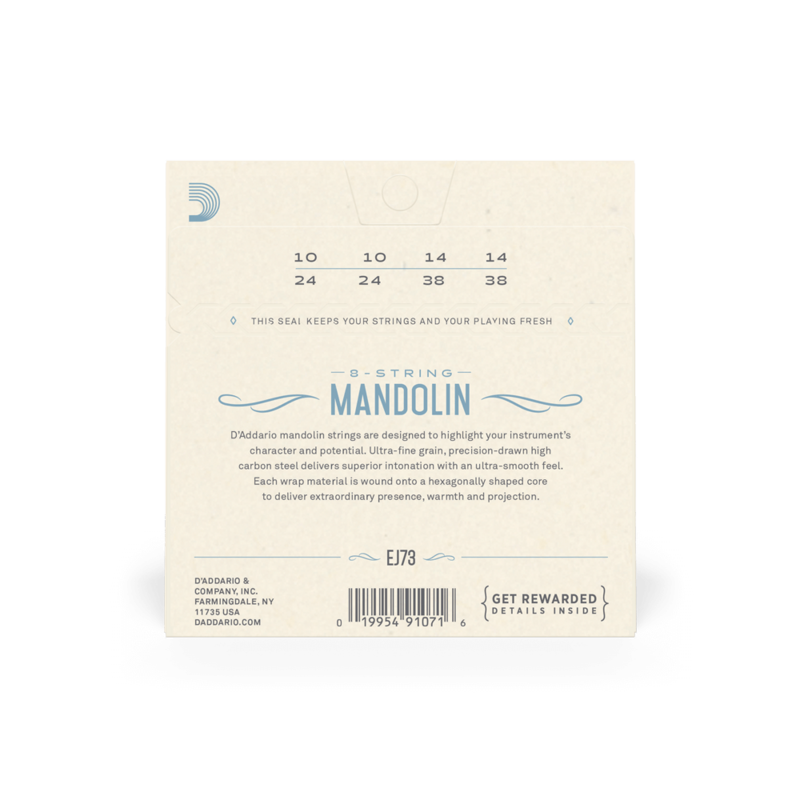 D'Addario Mandolin Strings - Mandolin Strings - Phosphor Bronze - For 8 String Mandolin - Rich, Full Tonal Spectrum - EJ73 - Light, 10-38