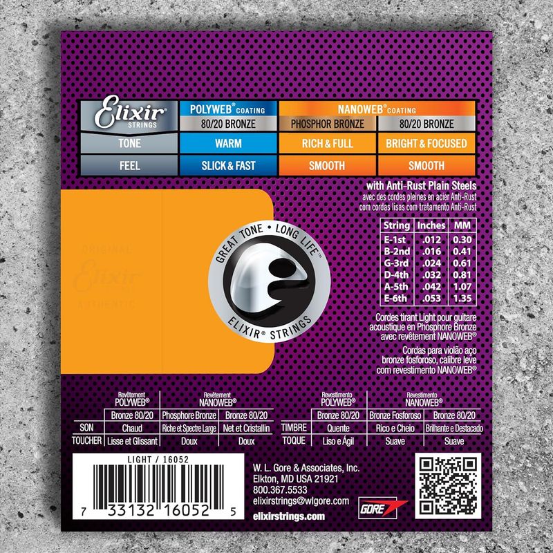 Elixir Acoustic Guitar Strings, Phosphor Bronze Nanoweb, Light 12-53