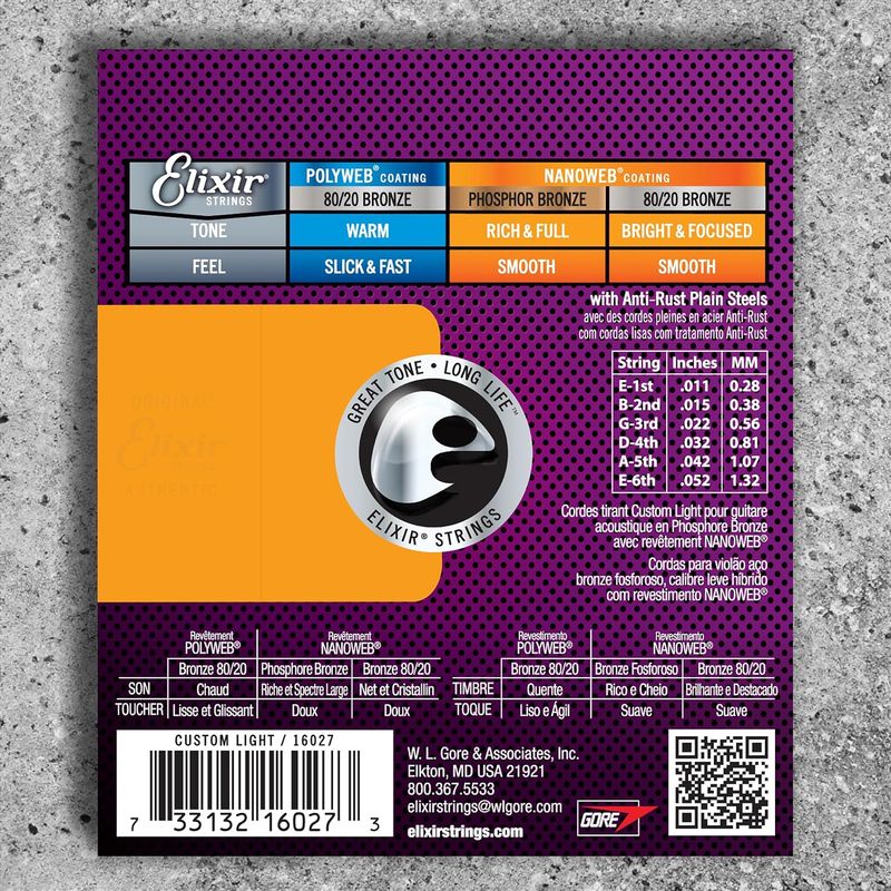 Elixir Acoustic Guitar Strings, Phosphor Bronze Nanoweb, Custom Light 11-52