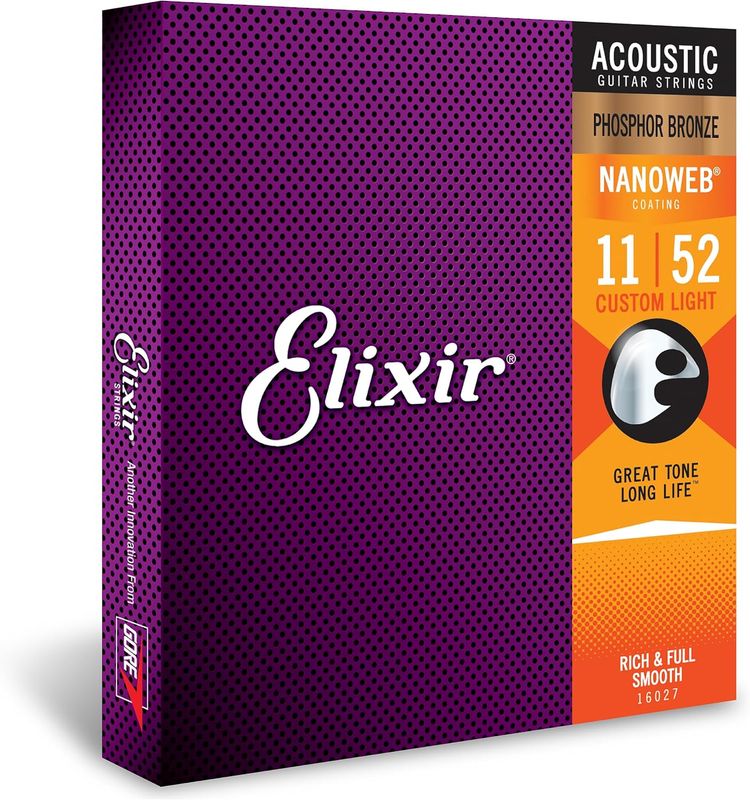 Elixir Acoustic Guitar Strings, Phosphor Bronze Nanoweb, Custom Light 11-52