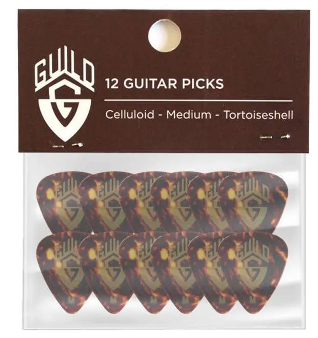 Guild Traditional Celluloid Guitar Picks – Medium Gauge, Tortoiseshell Pattern, Pack of 12