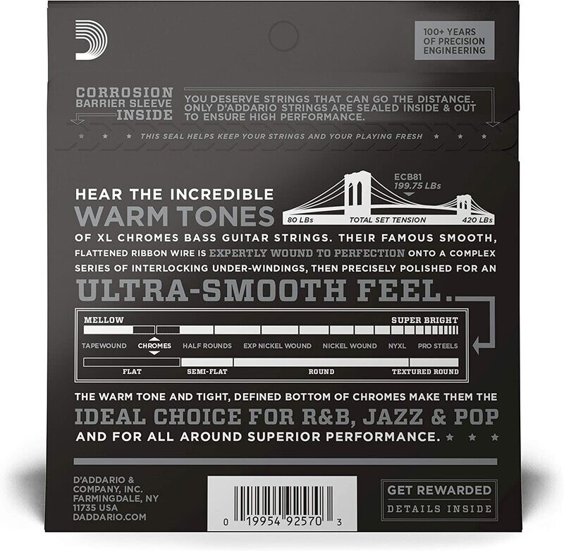 D'Addario XL Chromes Flat Wound Bass Guitar Strings - ECB81 - Long Scale - Regular Light, 45-100