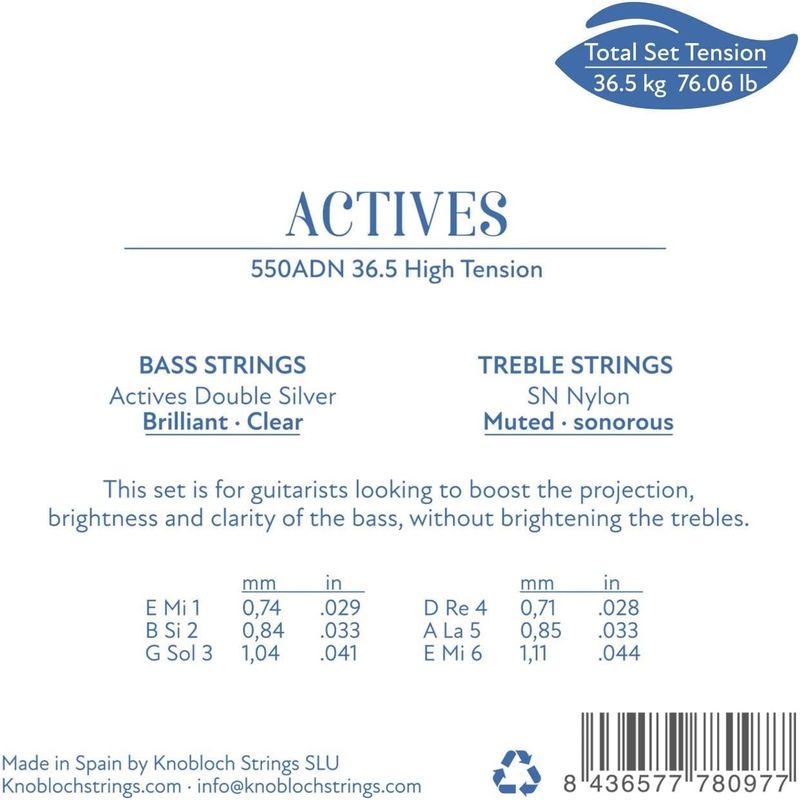 Knobloch ADN35.5 (550ADN) Actives Classical Guitar Strings – Extra High Tension (Double Silver Basses & SN Nylon Trebles)