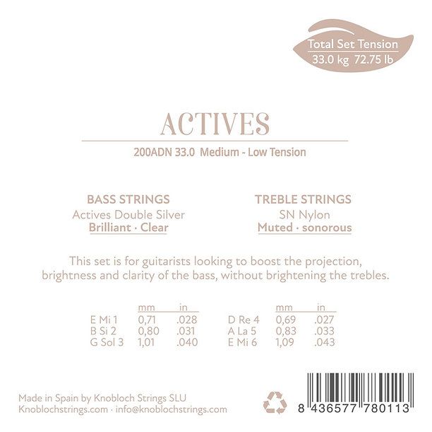 ​Knobloch ADN 33.0 (200ADN) Actives Classical Guitar Strings – Low Tension 33.0 - Double Silver Basses & SN Nylon Trebles