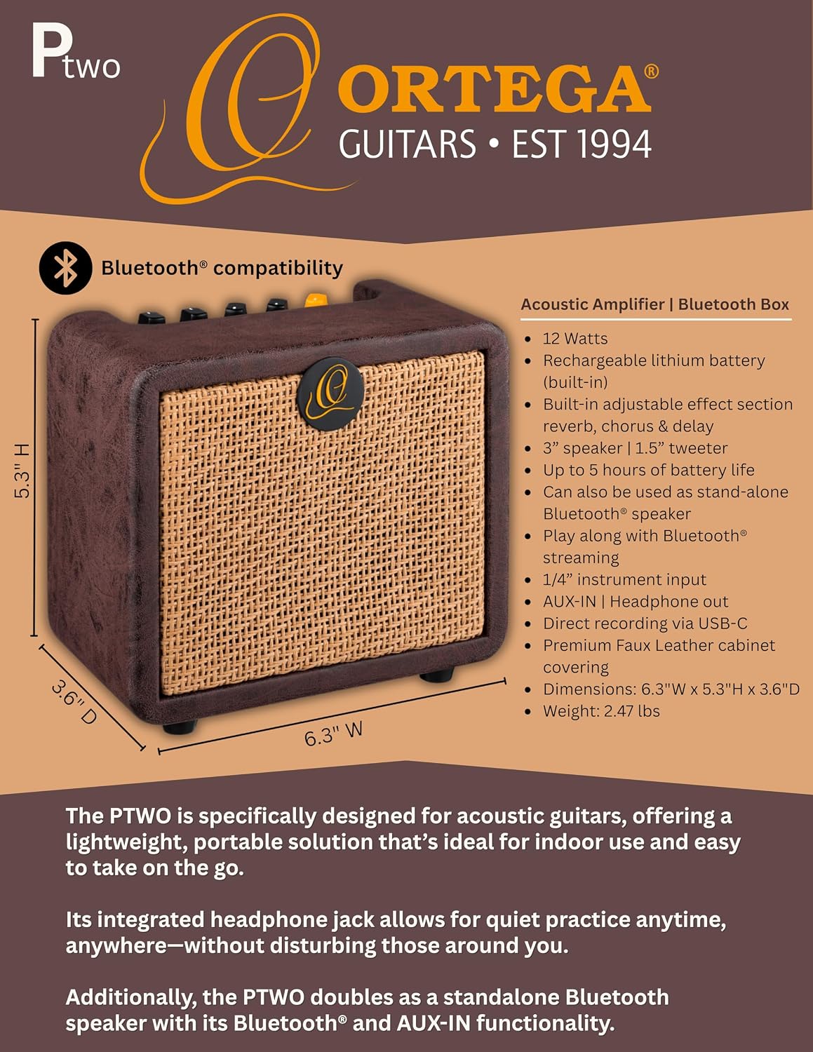 Ortega Guitars PTWO 12-Watt Bluetooth® Pocket Acoustic Amplifier with Built-in Effects