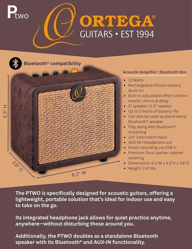 Ortega Guitars PTWO 12-Watt Bluetooth® Pocket Acoustic Amplifier with Built-in Effects