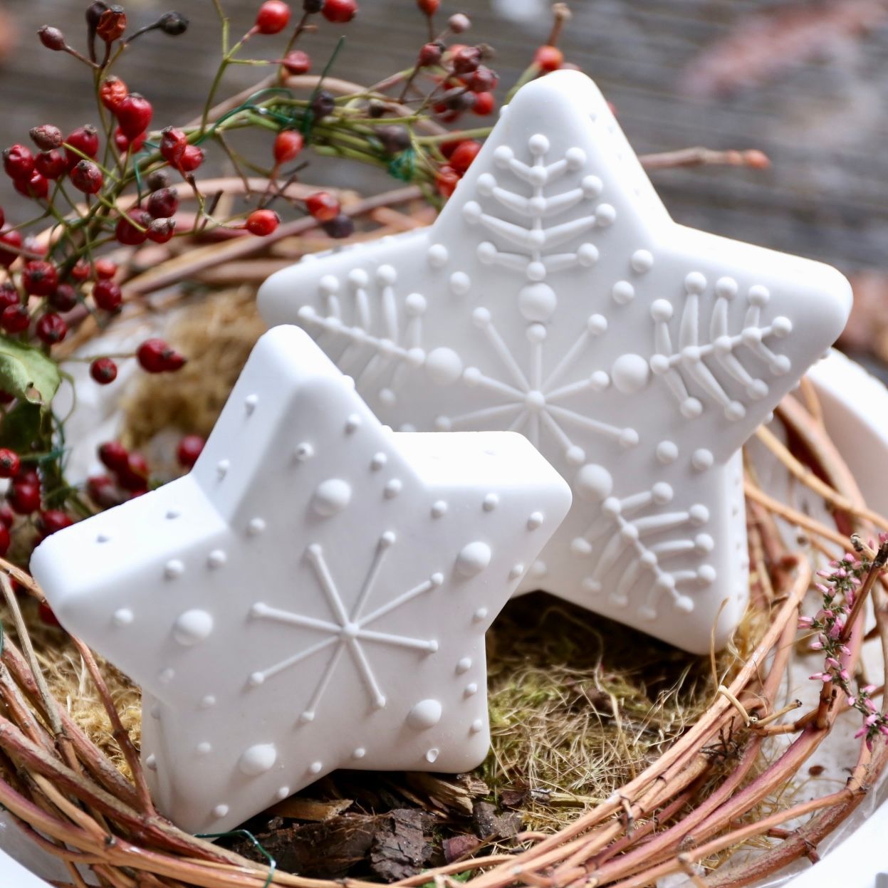 Silikon - Gießform -  Winter Stern – Weihnachtsstern – Stern mit Schneeflocke – in 2 Größen, Winter Stern – Weihnachtsstern – Stern mit Schneeflocke – in 2 Größen: 2460 Klein Ø/T: 10, x 2,6 cm