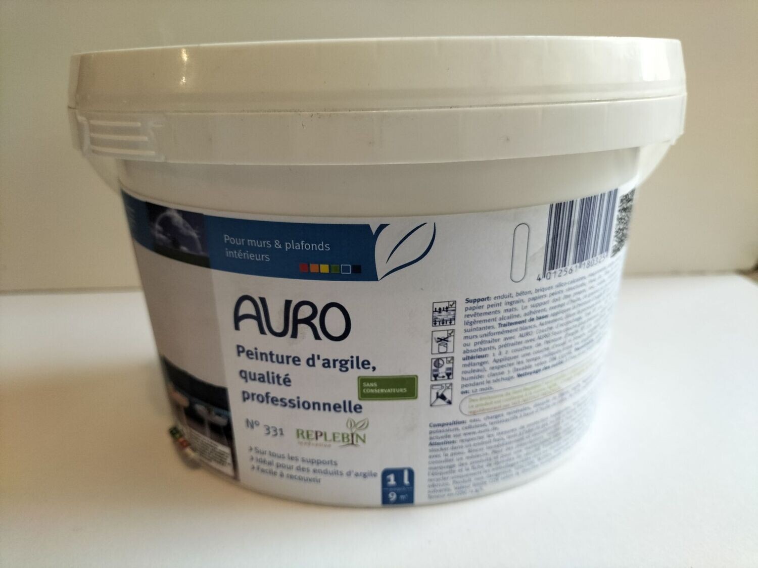 AURO N° 331 peinture a l argile blanche murs et plafond int 10L pour 90m² en 1 couche