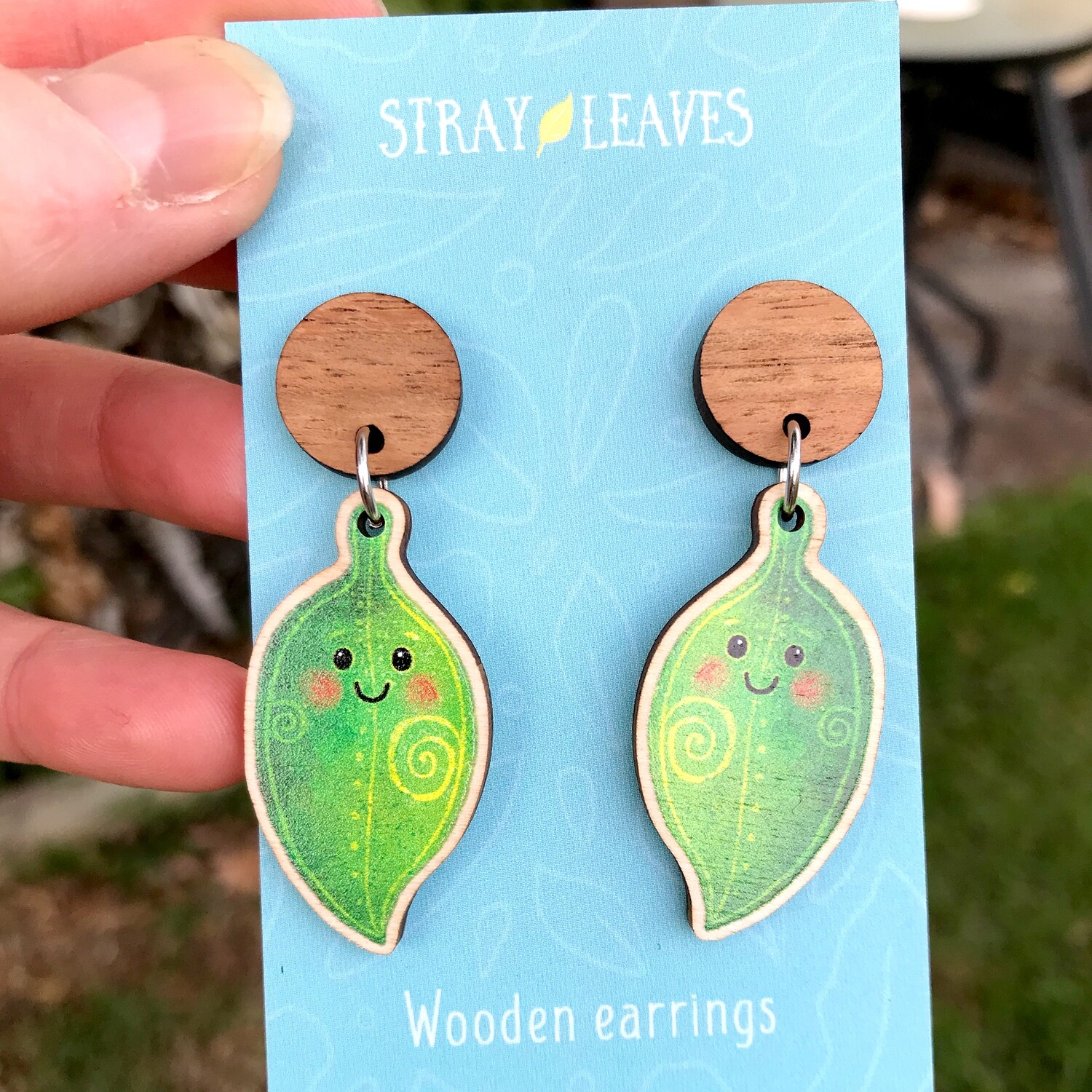 Green leaf wooden earrings