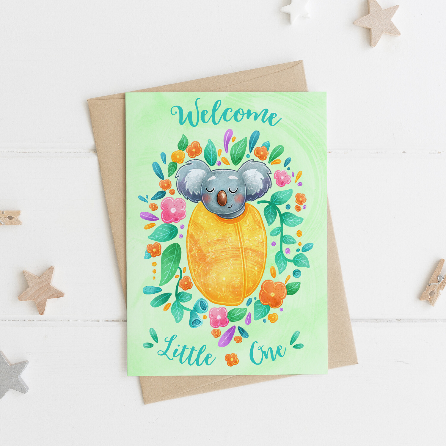 Welcome Little One, Australian Koala Gender Neutral Baby Card