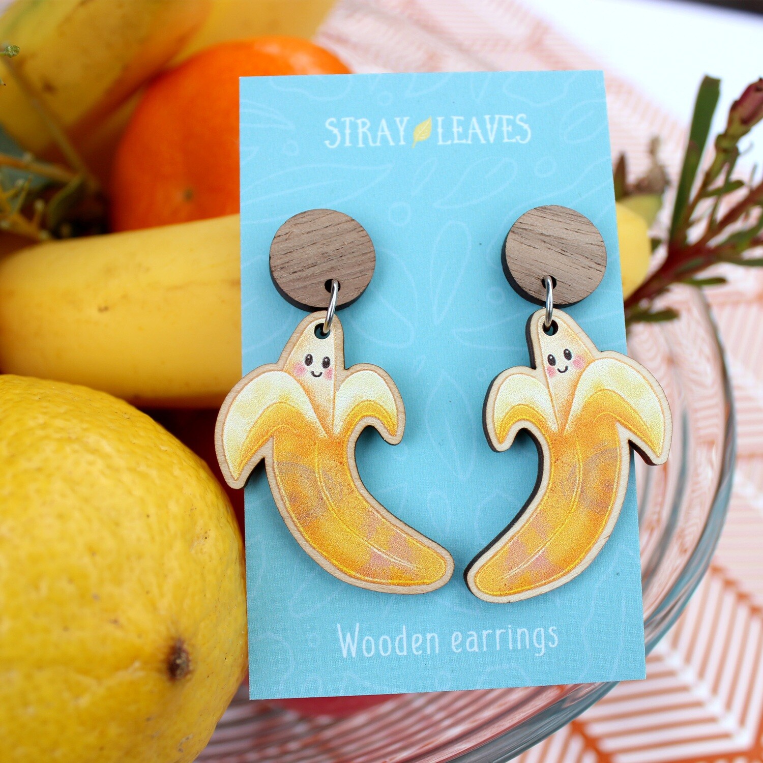 Banana fruit wooden earrings
