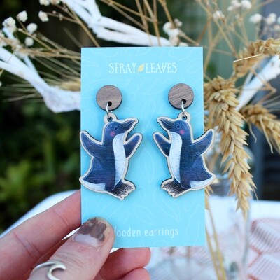 Little Penguin Australian Bird wooden earrings