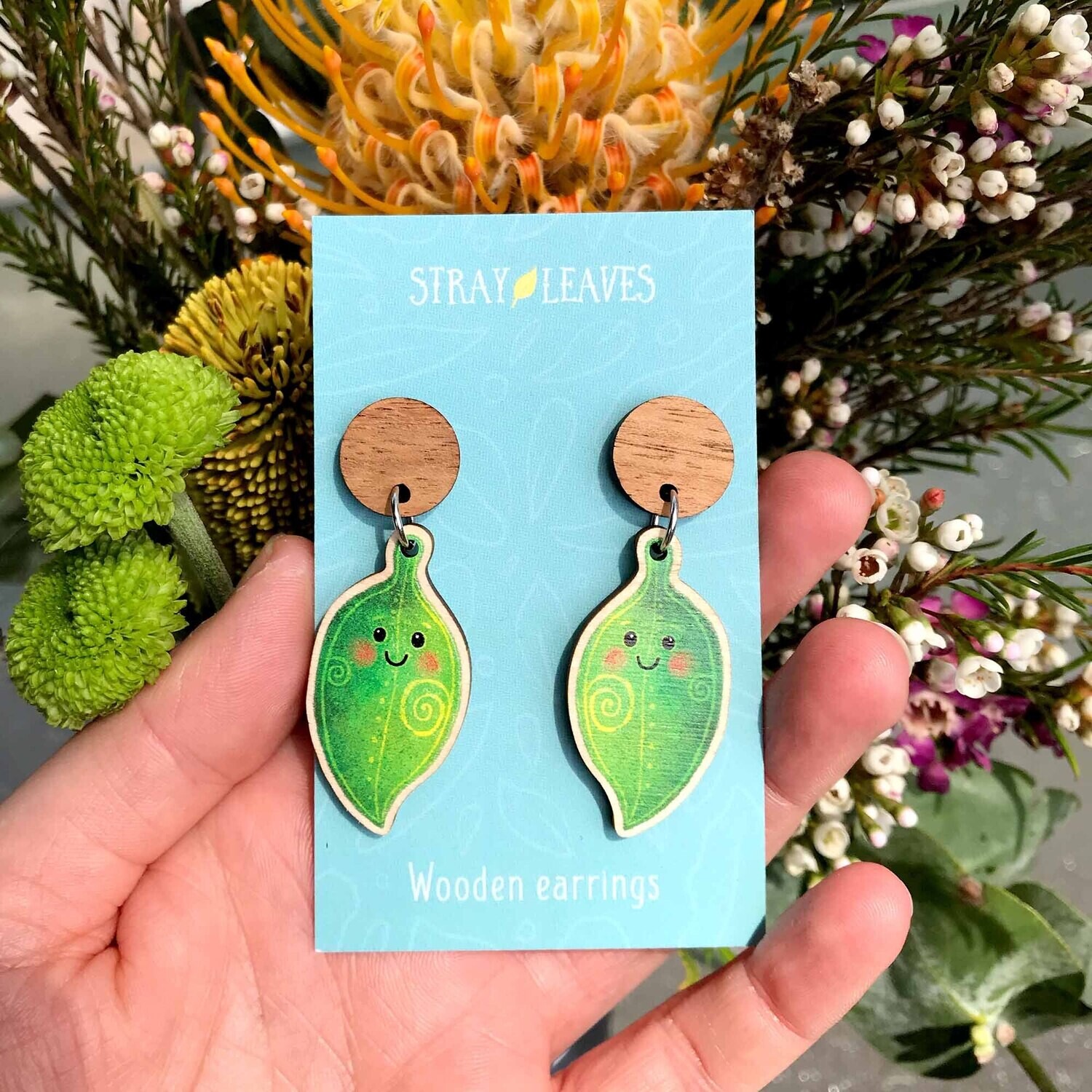 Green leaf wooden earrings