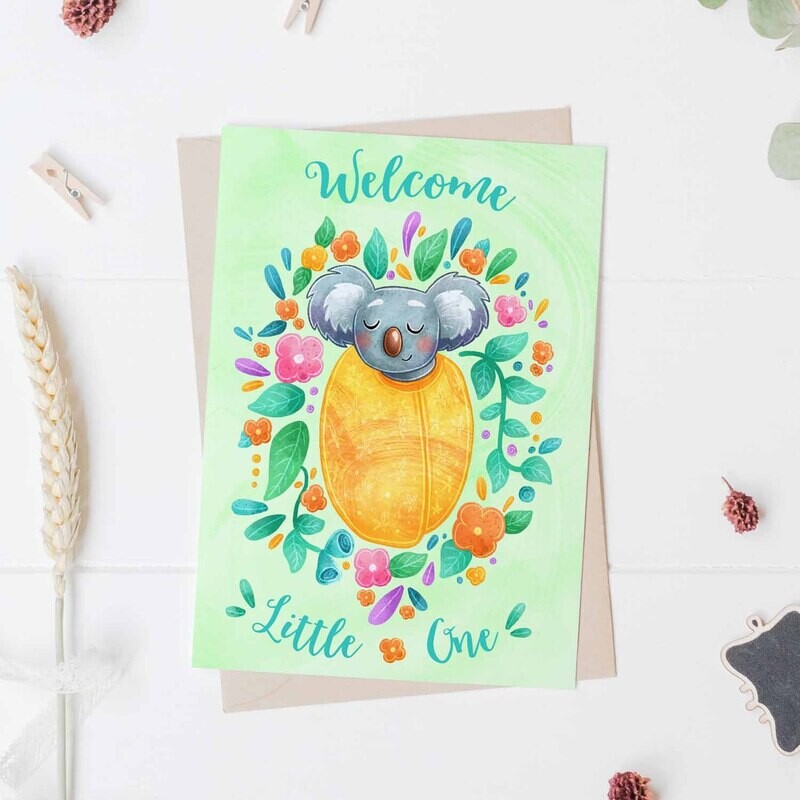 Welcome little one, Australian koala gender neutral baby card