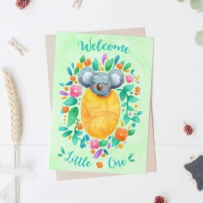Welcome little one, Australian koala gender neutral baby card