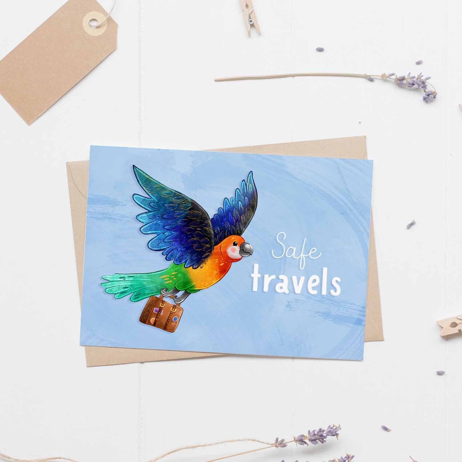 Safe travels Australian rosella, bon voyage greeting card