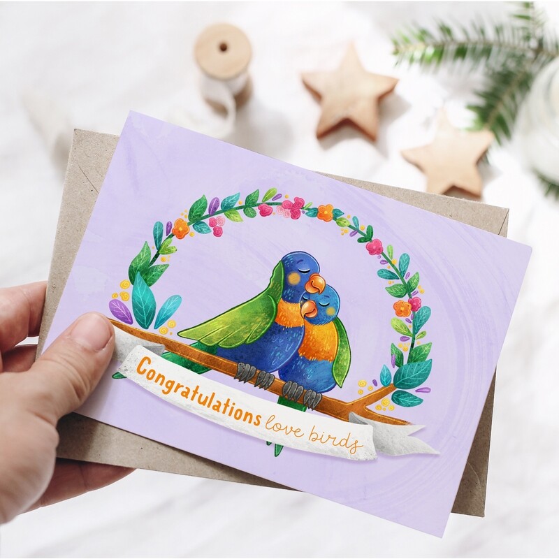 Congratulations love birds, Australian rainbow lorikeet wedding card
