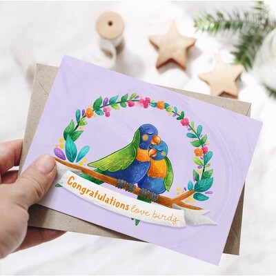 Congratulations love birds, Australian rainbow lorikeet wedding card