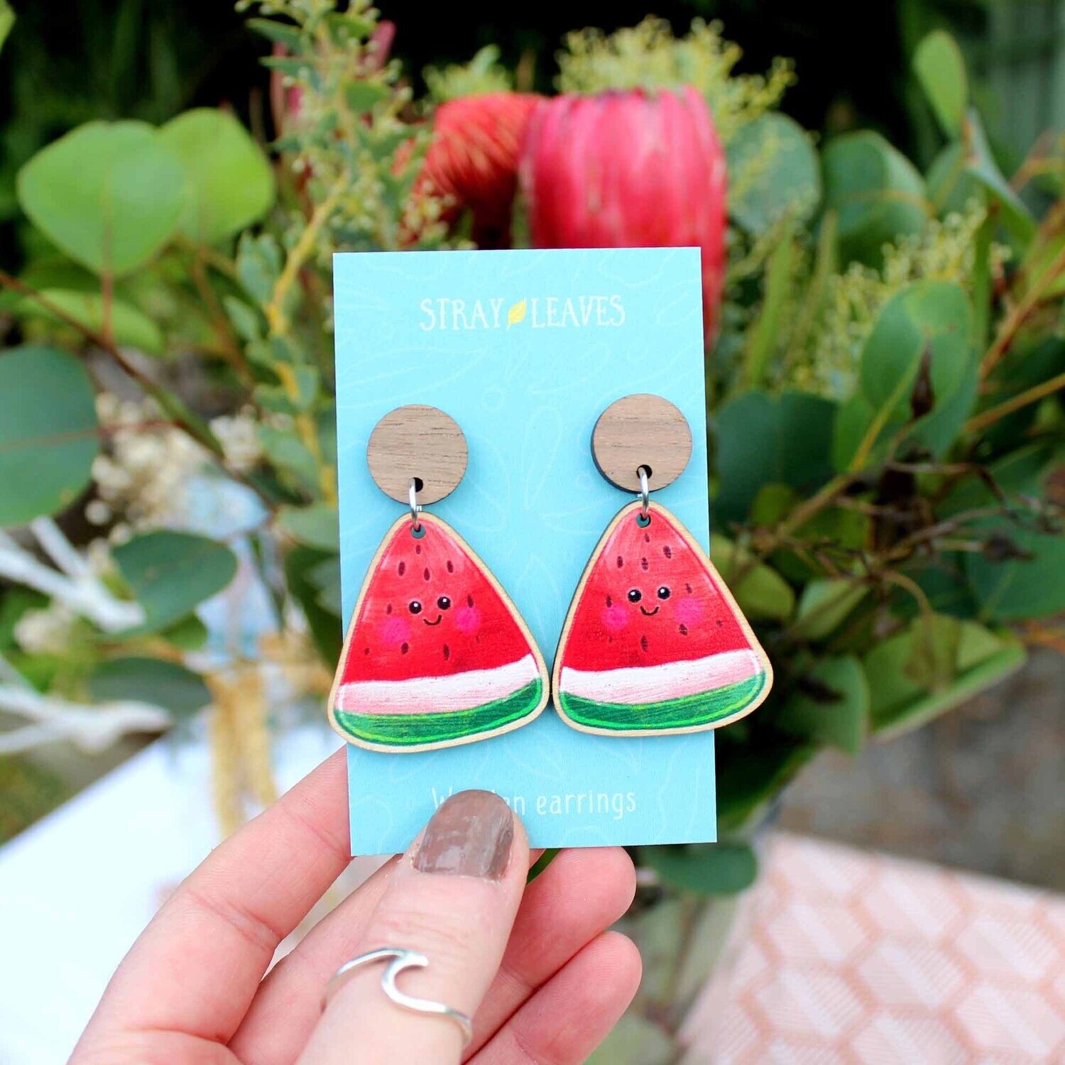 Watermelon fruit wooden earrings