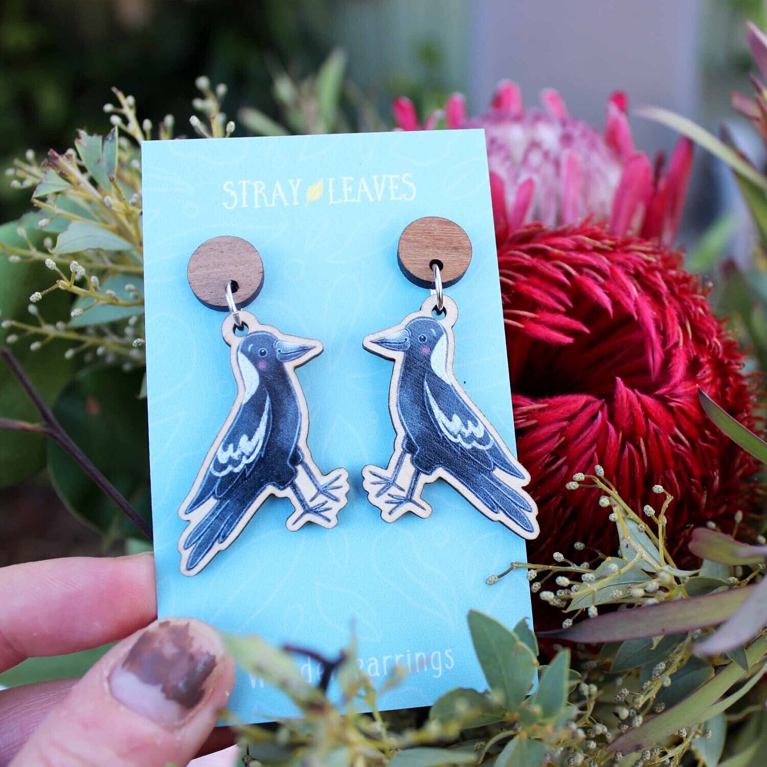 Magpie Australian Bird wooden earrings