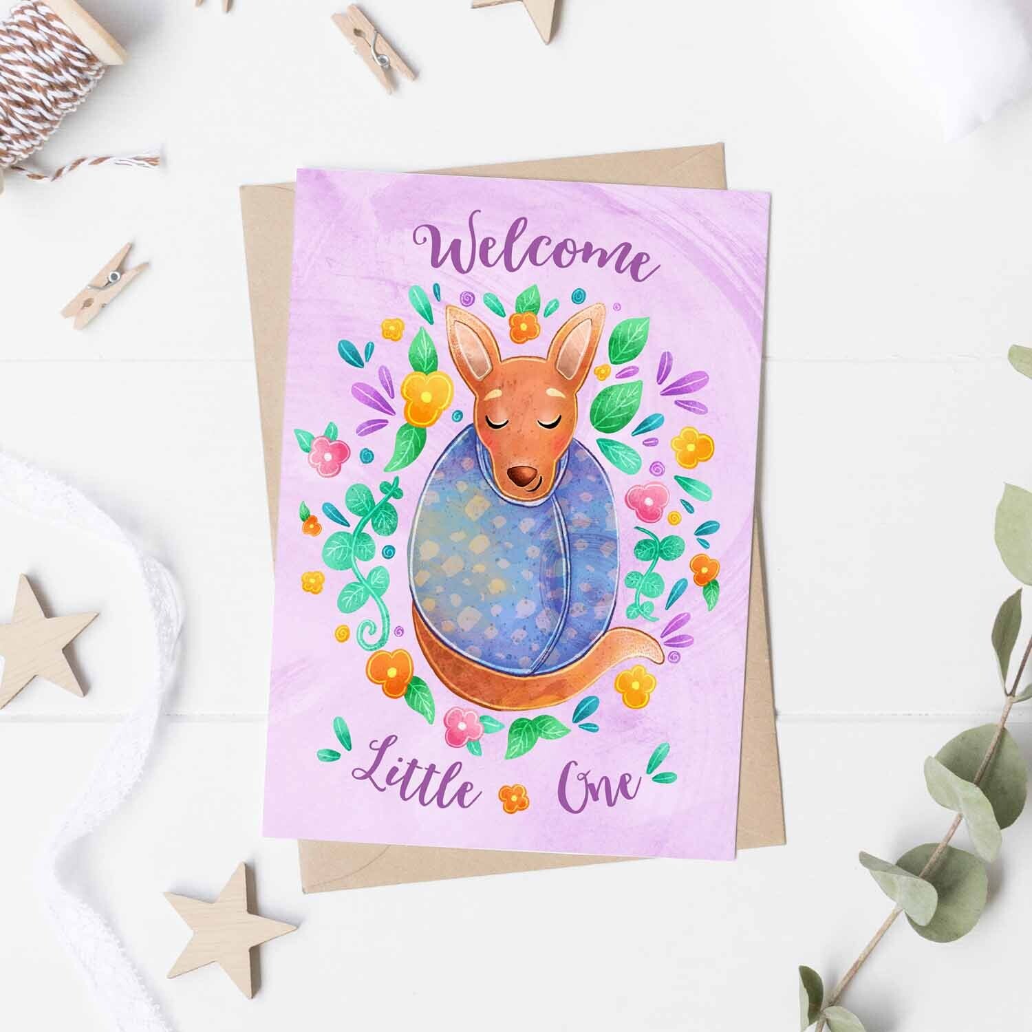 Welcome little one, Australian kangaroo gender neutral baby card